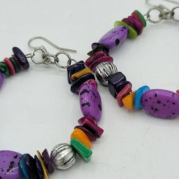 Beaded Multicolor French Hook Dangle Hoop Earrings Boho 90s Vintage - Picture 3 of 7